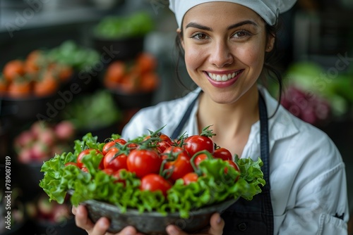 Professional chef in uniform smiling with a bowl of fresh tomatoes and greens