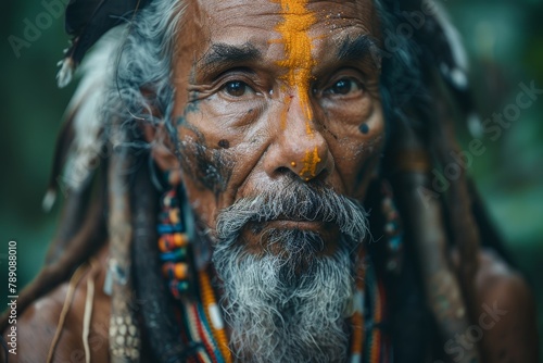 An elder man displays rich tribal traditions with face paint and adornments