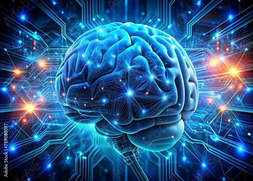 Digital technologies of the future. Artificial intelligence. The brain and digital codes on a virtual screen. The image was created using artificial intelligence.