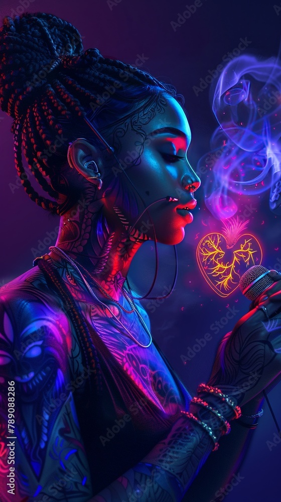A female rapper, her face a canvas of magical tattoos, holds a microphone with an anatomical heart glowing in fluorescent colors, A female rapper, her face a canvas of magical tattoos, holds a microphone with an anatomical heart glowing in fluorescent colors,