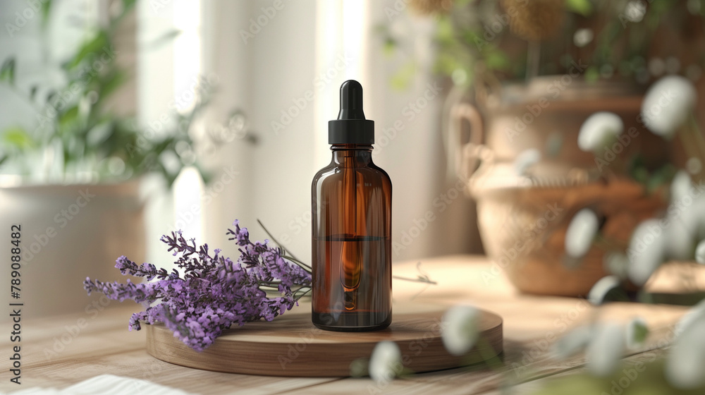 A bottle of essential oil is on a wooden table next to some purple flowers