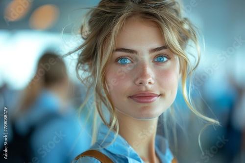 A close-up of a smiling blonde woman with blue eyes, standing in an indoor setting