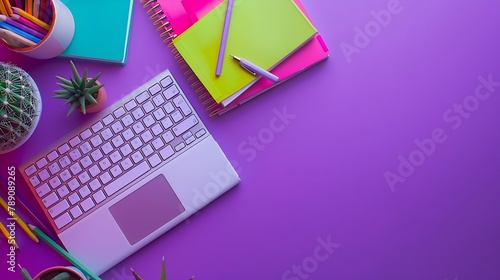 Computer keyboard pen pencils paper notebook and cactus on a purple background Office or school table top view photography flat lay composition : Generative AI