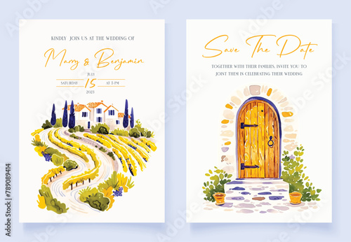 Wedding invitation of nature landscape with wooden door view watercolor