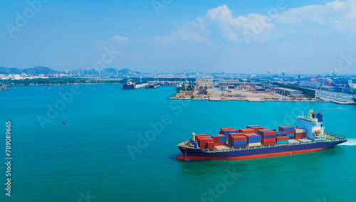 Aerial view of the  Business trip with ship the partner connection Container Cargo freight ship for Import Export