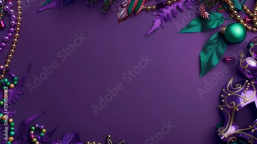 Frame of Mardi Gras beads and carnival mask on purple background Mardi Gras holiday banner design Flat lay top view overhead : Generative AI photo