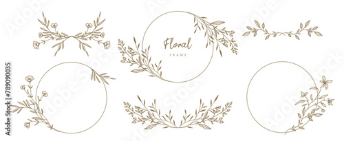 Hand drawn round floral frames with wild flowers. Elegant logo template, design elements in line art style. Vector illustration for labels, corporate identity, wedding invitation, save date