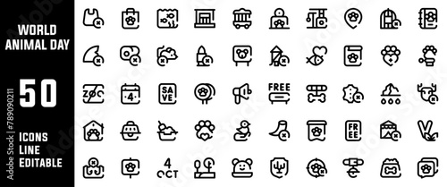 50 World Animal Day Icons Set Line Editable Vector Illustration