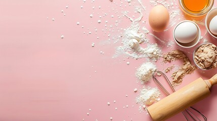 Empty space baking background with bakery ingredients  flour milk eggs rolling pin Simple pastry baking flat lay top view border : Generative AI
