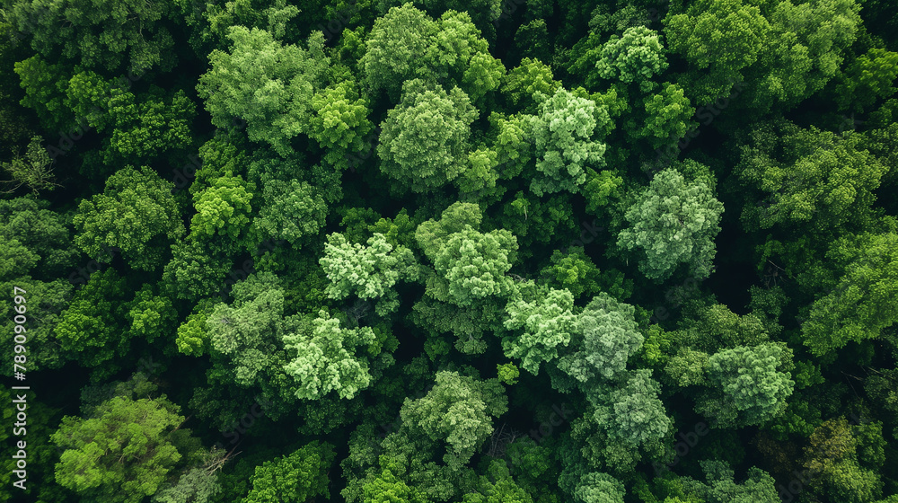 Drone view of amazing green forest with trees and bushes growing in countryside.
