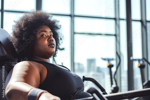 Portrait of a nice fat black girl in the gym photo