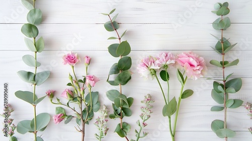Flowers composition Gift pink flowers and eucalyptus branches on white wooden background Flat lay top view : Generative AI