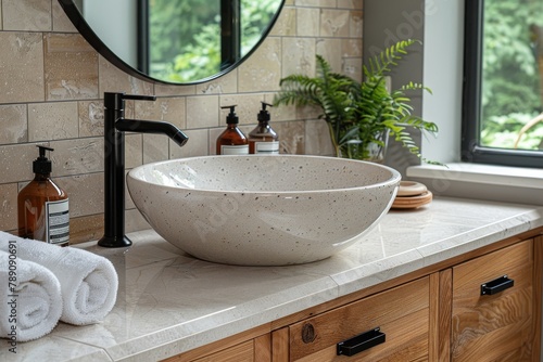 Modern bathroom interior featuring a standalone sink with black faucet, natural light and plant decor