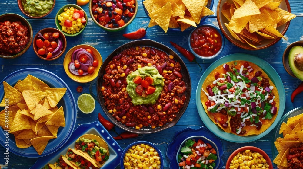Feast your eyes on a vibrant Mexican spread featuring classic dishes like chili con carne tacos tangy tomato salsa and crispy corn chips with creamy guacamole The colorful tableau is beauti - obrazy, fototapety, plakaty 