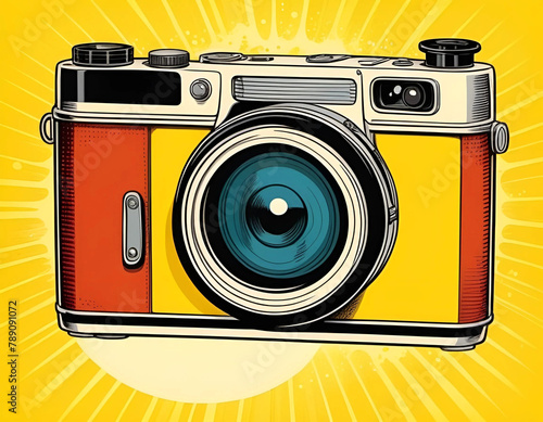 Retro colorful camera on yellow background, strip illustration style 