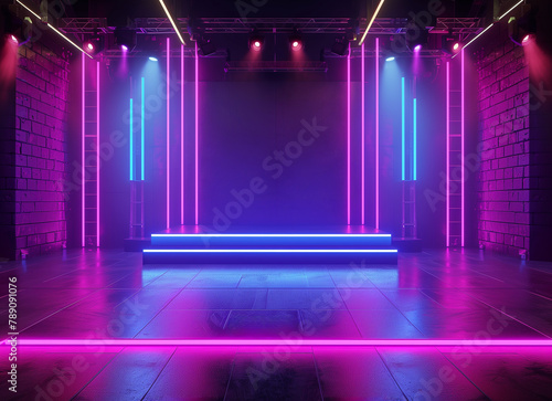 3D rendering of an empty stage with neon lights  a dance floor and trussing frames for a concert or party event background  generative AI 