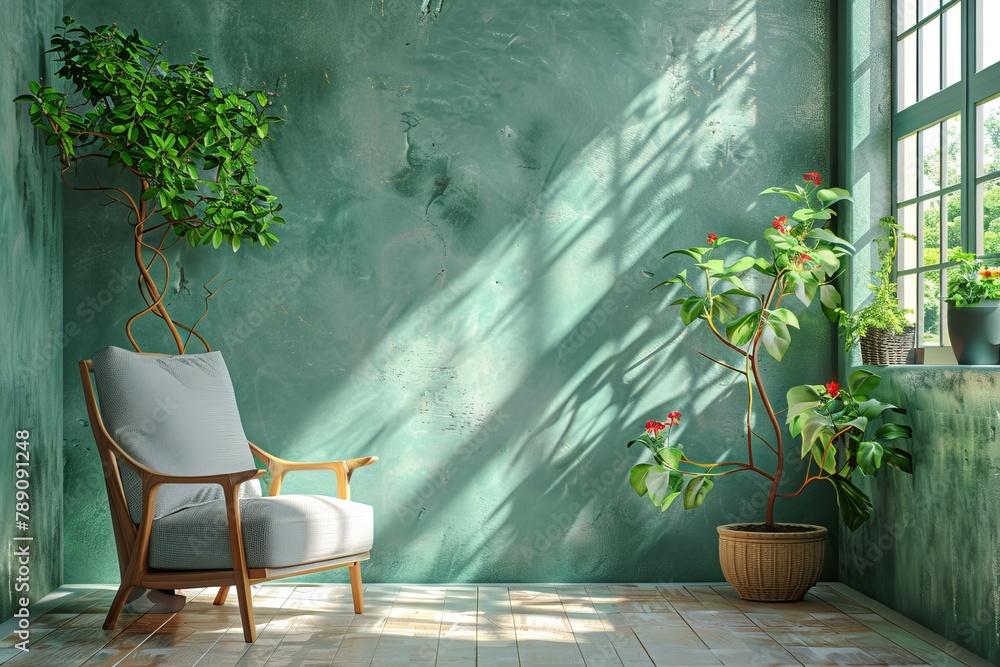 A refreshing green space filled with plants and sunlight casting beautiful shadows on the wall A refreshing green space filled with plants and sunlight casting beautiful shadows on the wall
