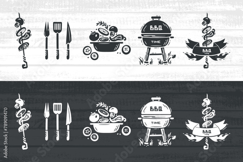 BBQ Party Time Vector Set. Portable Charcoal Grill. Ribbon Banner with Fire Flames and Grilled Vegetables. Barbeque Vegetable Skewer. Fork, Spatula, Knife. Healthy Vegan and Vegetarian Food Concept.