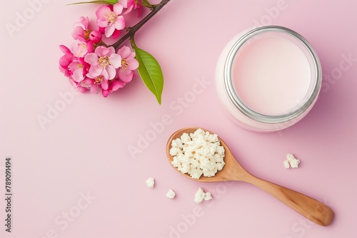 Kefir granules in wooden spoon next to a jar light pink color with metal lid