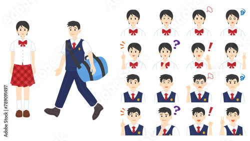 夏服を着た高校生。フラットなベクターイラストセット。High school students wearing a school uniform for summer. Flat vector illustration set.