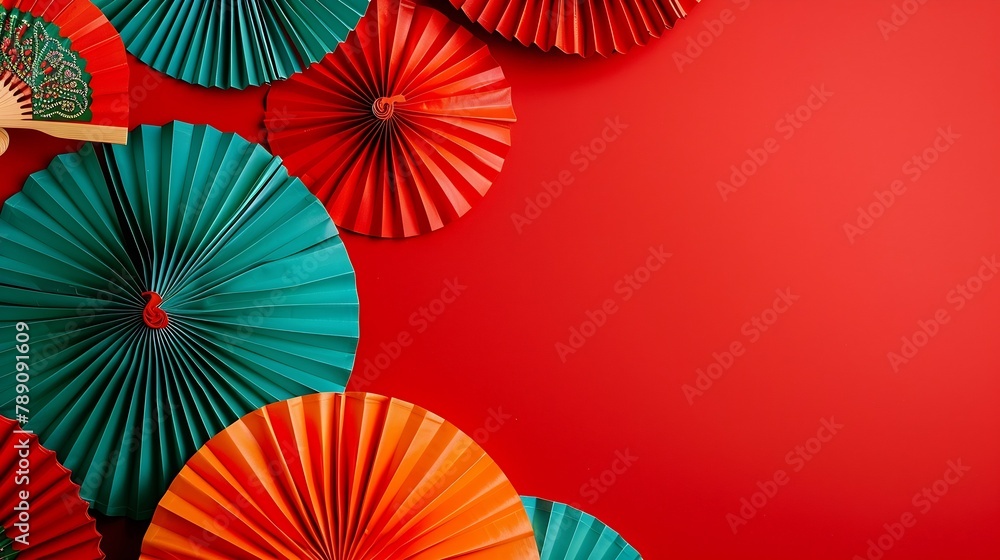 Chinese new year festival or wedding decoration over red background Traditional lunar new year paper fans Flat lay top view banner : Generative AI