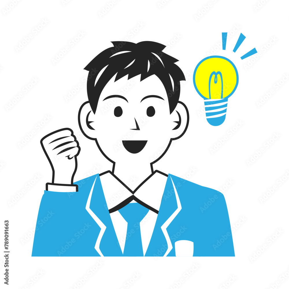 電球を浮かべるブレザーを着た高校生の顔。シンプルなベクターイラスト。 Face of a high school student wearing a blazer, with a light bulb beside. Simple vector illustration. 電球を浮かべるブレザーを着た高校生の顔。シンプルなベクターイラスト。 Face of a high school student wearing a blazer, with a light bulb beside. Simple vector illustration.