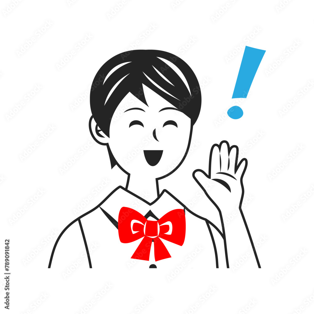 びっくりマークを浮かべる制服を着た高校生の顔。シンプルなベクターイラスト。 Face of a high school student wearing a school uniform, with a exclamation mark beside. Simple vector illustration. びっくりマークを浮かべる制服を着た高校生の顔。シンプルなベクターイラスト。 Face of a high school student wearing a school uniform, with a exclamation mark beside. Simple vector illustration.