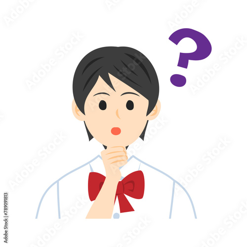 クエスチョンマークを浮かべる制服を着た中学生の顔。フラットなベクターイラスト。 Face of a high school student wearing a school uniform, with a question mark beside. Flat vector illustration.