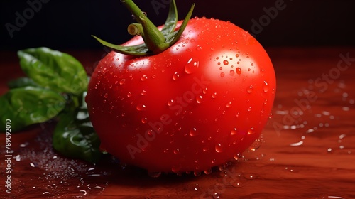 Tomate avec de l'eau sur un fond rouge photo