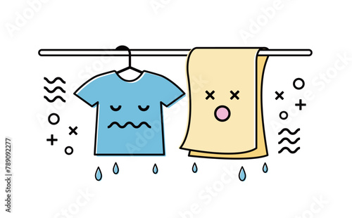 梅雨のジメジメして濡れた部屋干しの匂いのする洗濯物のシンプルなイラスト