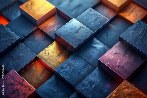 Image focusing on the contrast of warm and cool colors on a series of abstract cubes, creating depth