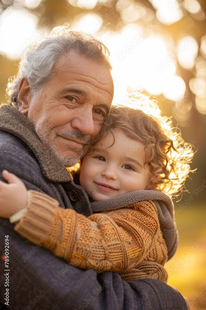 Illustration warmth of intergenerational connections, with sunlight highlighting shared joy between grandparent and grandchild on Global Day of Parents. Grandfather embracing curly-haired grandchild Illustration warmth of intergenerational connections, with sunlight highlighting shared joy between grandparent and grandchild on Global Day of Parents. Grandfather embracing curly-haired grandchild