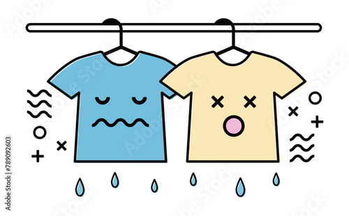 梅雨のジメジメして濡れた部屋干しの匂いのする洗濯物のシンプルなイラスト