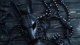 Black rabbit mask studded leather bracelets and neck choker on the black wooden table background with copy space : Generative AI