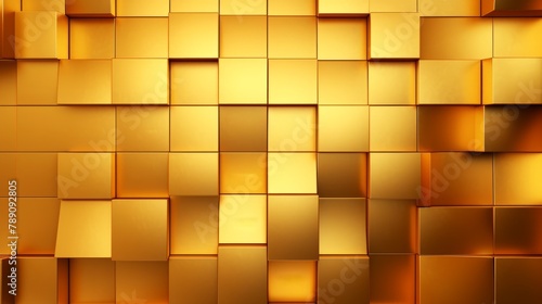 Luxurious golden background. Gold random mosaic decoration. Cubic backdrop. Glossy square shapes. Architectural abstraction. Interior concept.