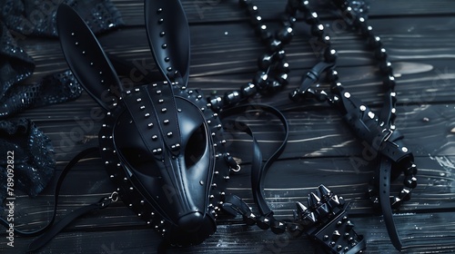 Black rabbit mask studded leather bracelets and neck choker on the black wooden table background with copy space : Generative AI