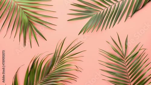 Dry tropical exotic palm leaves on pale pastel peachy background Flat lay top view minimalist floral pattern aesthetic composition Summer time concept Blank copy space mockup : Generative AI photo