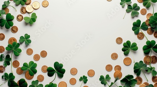 St Patricks Day concept Creative layout with frame of fourleaf clover and gold coins on white background Flat lay top view : Generative AI photo