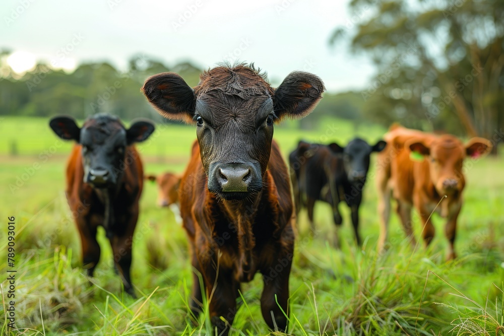 This image captures a young brown calf standing alert with ears perked up among various other calves in a green, grassy pasture