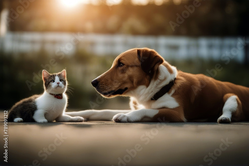 Together Dog Cat Happy train isolated blue puppy purebred white space high key attentive breed studio cut-out smiling copy obedience composite indoor animal full body felino photo