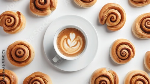 Creative layout made of cinnamon buns and cup of coffee on the white background Flat lay Food concept : Generative AI © Generative AI