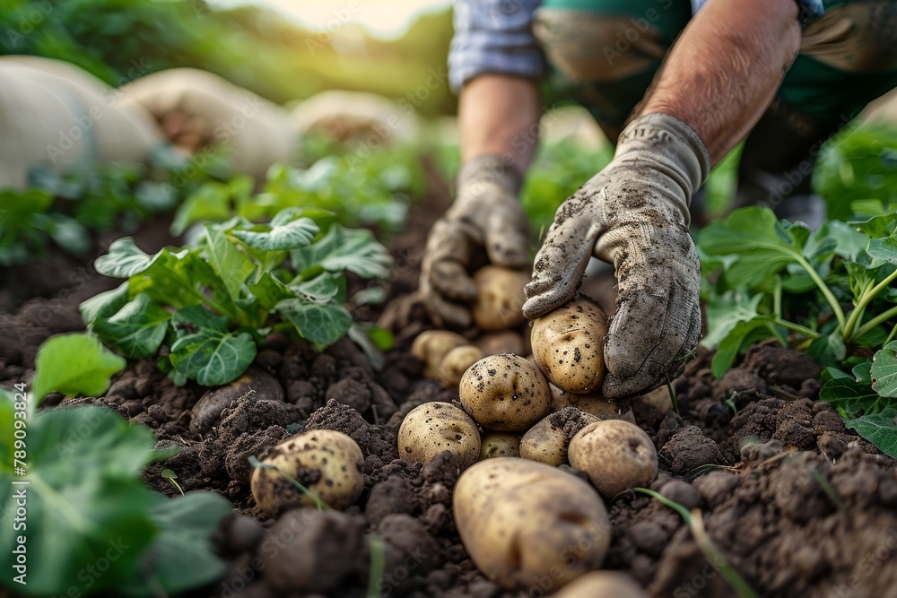 Fototapeta premium Hands of a farmer covered in dirt as they carefully harvest fresh potatoes in a sunlit field