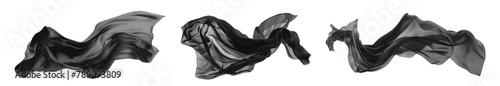Collection set of black long silk satin cloth fabric floating flying in the air on transparent background cutout, PNG file. Mockup template for artwork graphic design

 photo