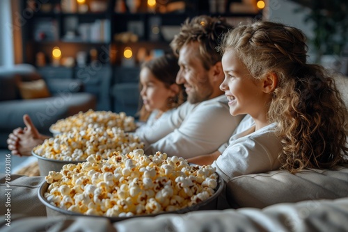 A family relaxes at home with large bowls of popcorn, snug on a cozy couch for movie night