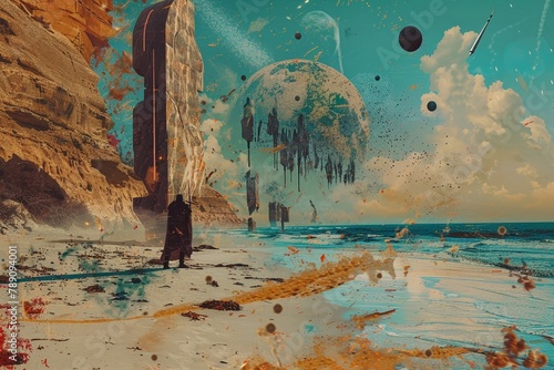 A collage featuring knights, alien ships, and bullets, where each element dips into a surreal, graffitistyled animated beach,  photo