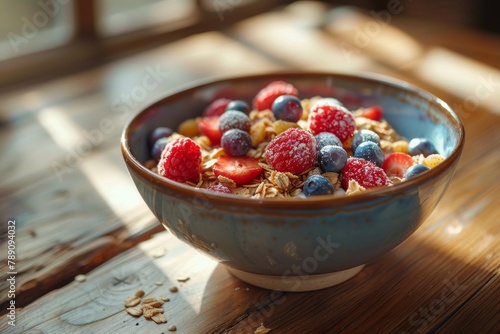 Bowl on the table with healthy breakfast with natural yogurt, muesli and berries