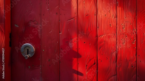 Red wooden door and round metal door lock with handle grip : Generative AI