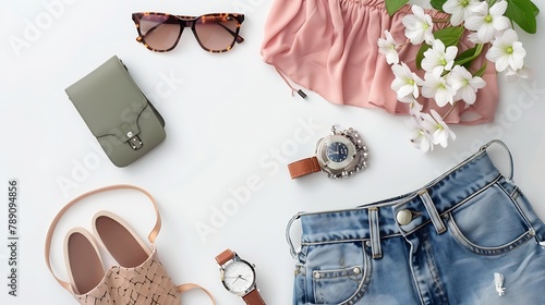Feminine summer fashion composition with blouse slippers purse sunglasses watch jean shorts on white background Flat lay top view minimalist clothes collage Female fashion blog social : Generative AI