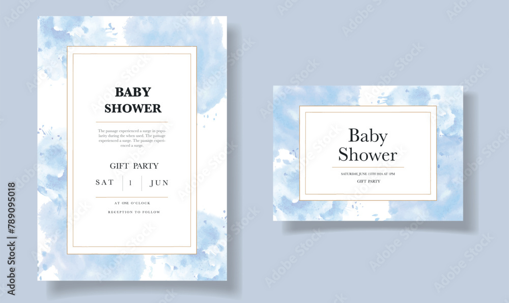 Designer baby shower watercolor invitation card for baby and kids new born celebration. Modern banner, template. It's a boy. Vector illustration
