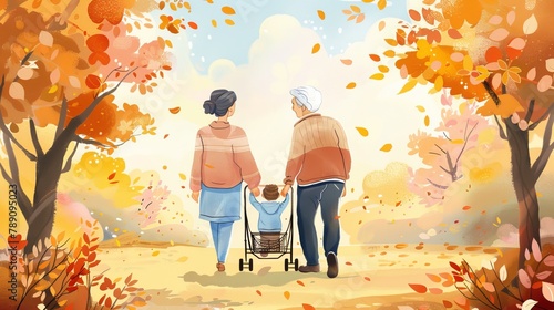 Grandparents and grandchild walking through autumn park, celebrating intergenerational bond on Global Day of Parents. Generational connections with illustration of grandparents and their grandchild